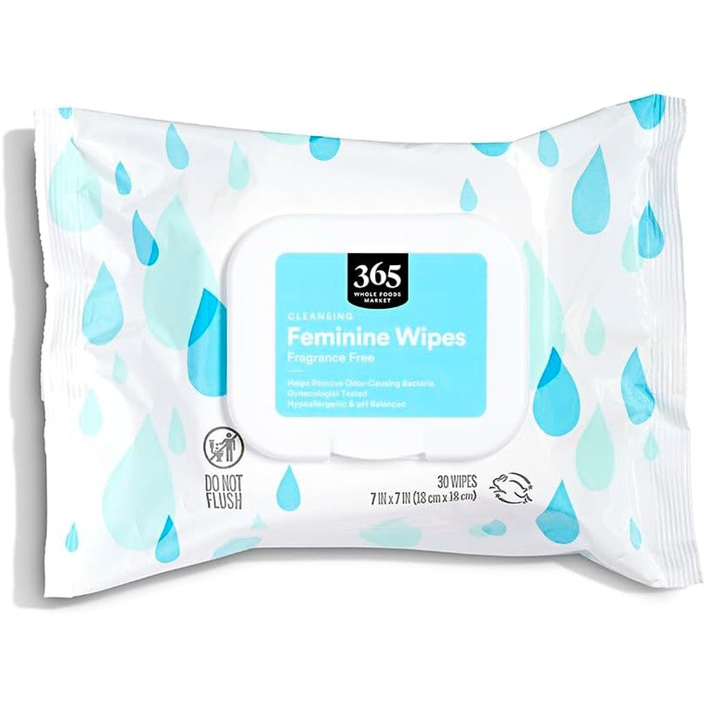 365 by Whole Foods Market Cleansing Feminine Wipes 30 count front view for intimate hygiene