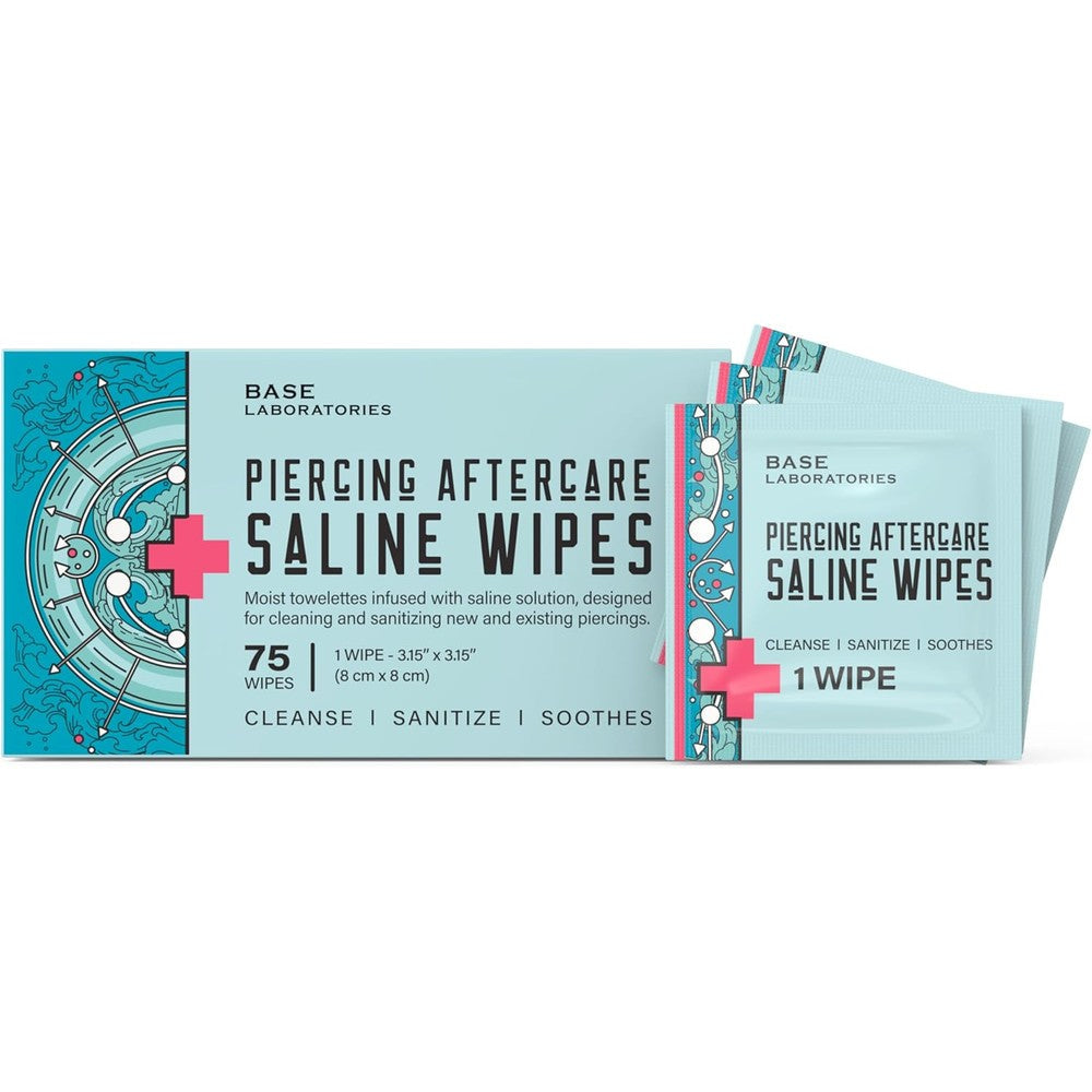 Base Laboratories Piercing Aftercare Wipes front box view with 75 count label.