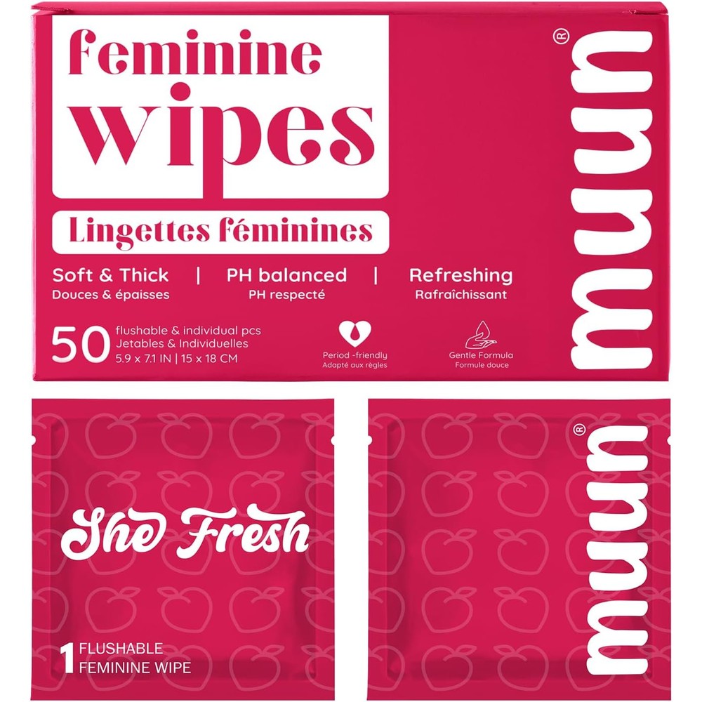 Muun Feminine Wipes 50 count box front view for vaginal hygiene.
