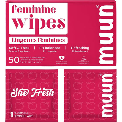 Muun Feminine Wipes 50 count box front view for vaginal hygiene.