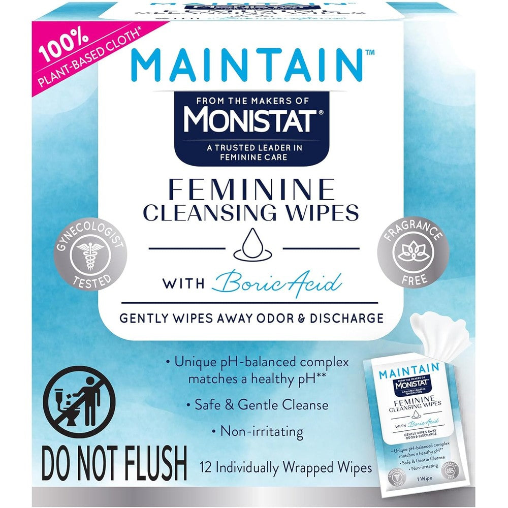 Monistat Maintain Feminine Wipes front view of box showing 12 count pack.