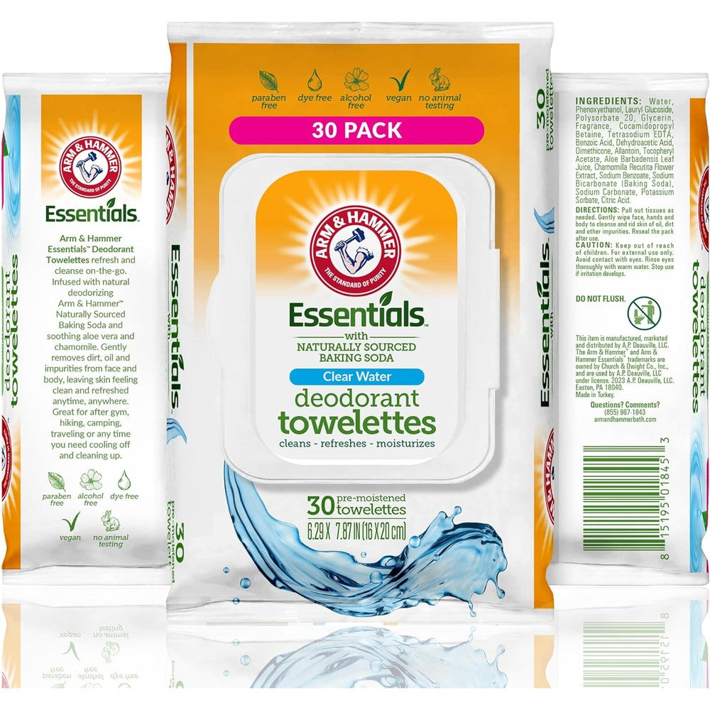 Arm and Hammer Face and Body Wipes 30 Sheets front view for portable hygiene.