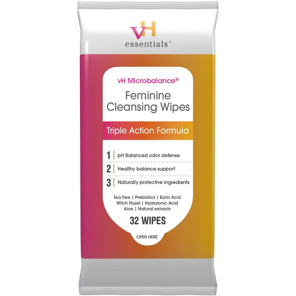 vH Essentials Feminine Cleansing Wipes 32 count front pack view for intimate hygiene