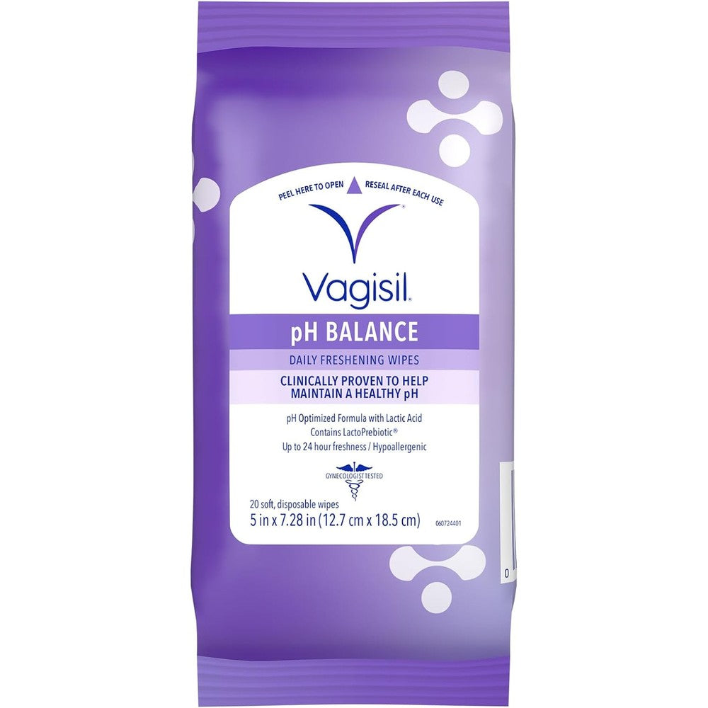 Vagisil pH Balance Daily Freshening Wipes front view of resealable pouch for feminine hygiene