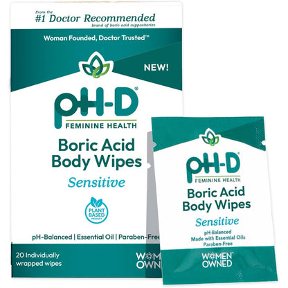 pH-D Feminine Health Boric Acid Wipes front packaging showing 20 count pack.