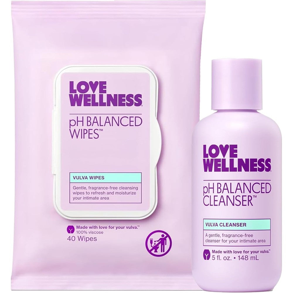 Love Wellness Her Essentials Duo front view of cleanser bottle and wipes pack