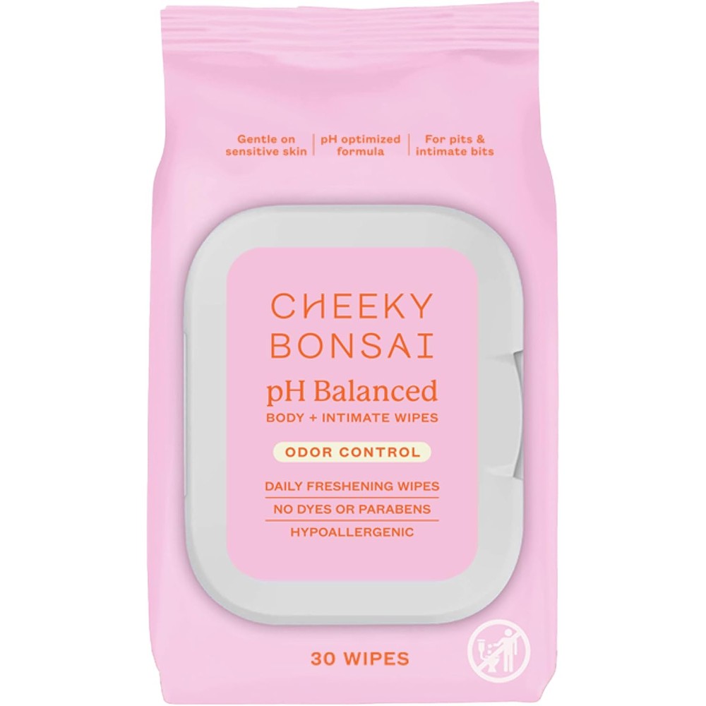 Cheeky Bonsai pH Balanced Feminine Wipes front packaging view for odor control.