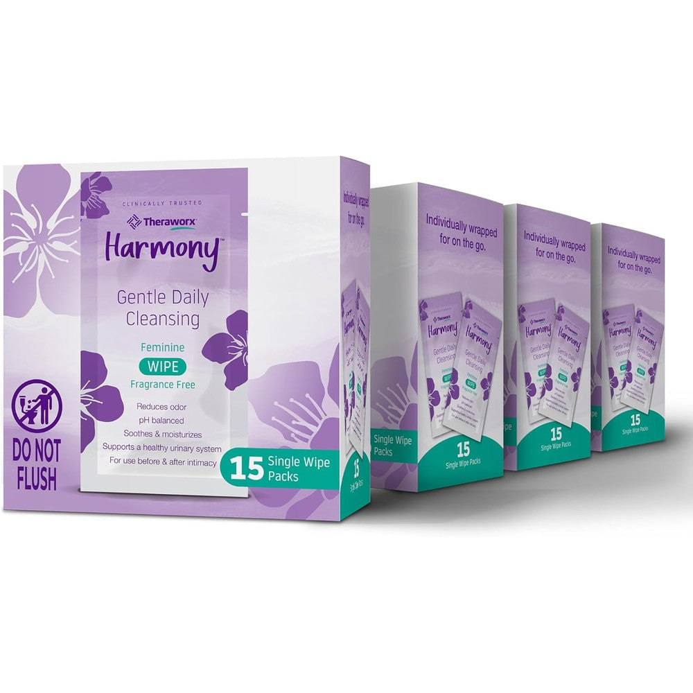Theraworx Harmony Gentle Daily Cleansing Feminine Wipes front view for intimate hygiene.