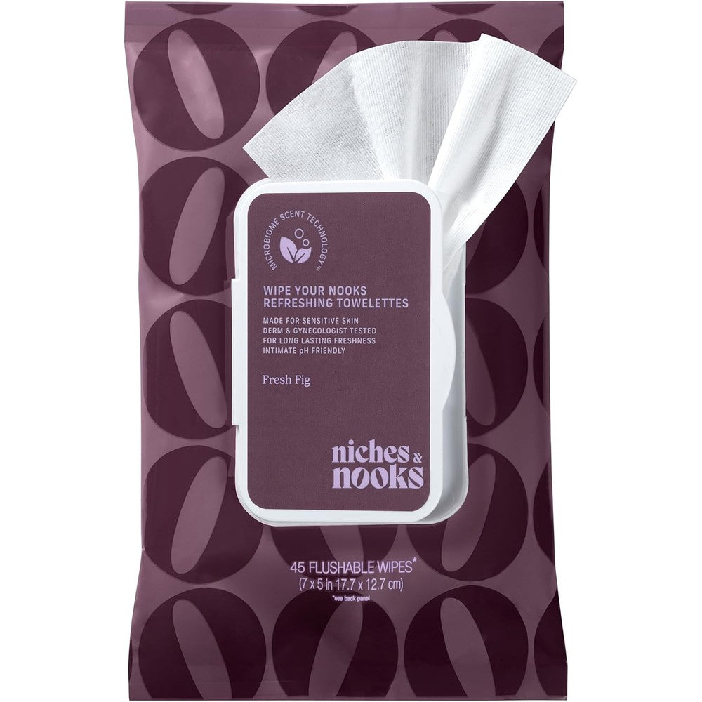 Niches & Nooks Cleanse Your Nooks Feminine Wipes front packaging view showing 45 count fresh fig scent