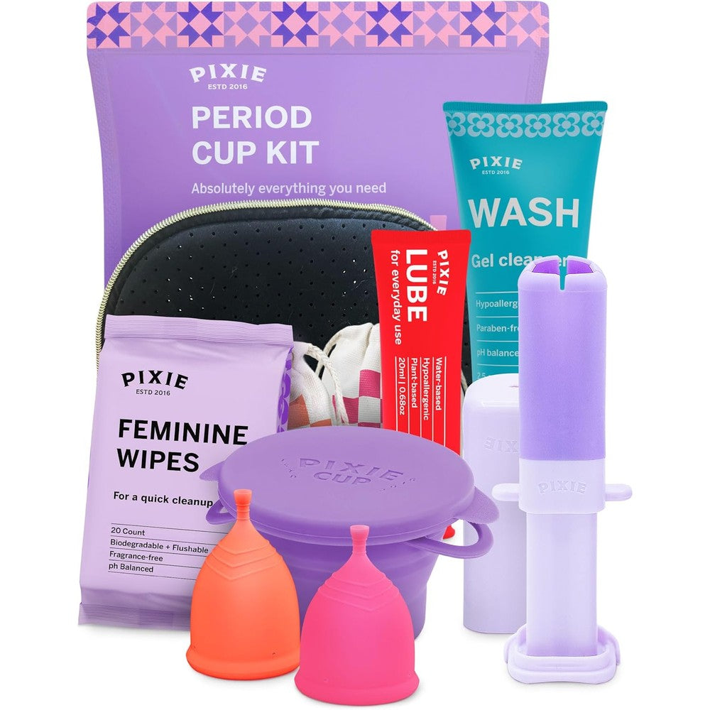 Pixie Cup Menstrual Cup Starter Kit front view showing small and large cups with accessories.