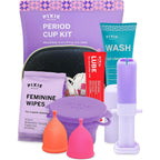 Pixie Cup Menstrual Cup Starter Kit front view showing small and large cups with accessories.