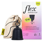 Flex Cup Starter Kit Slim Fit Size 01 front view of packaging showing the black menstrual cup and free discs.
