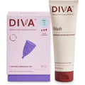 The DivaCup Model 2 and DivaWash combo pack front view for menstrual hygiene.