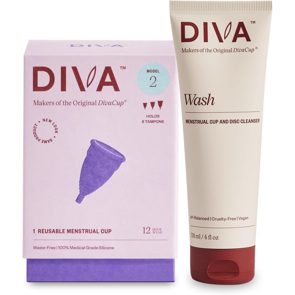 The DivaCup Model 2 and DivaWash combo pack front view for menstrual hygiene.