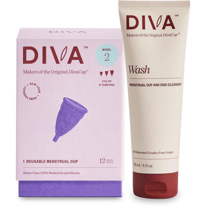 The DivaCup Model 2 and DivaWash combo pack front view for menstrual hygiene.