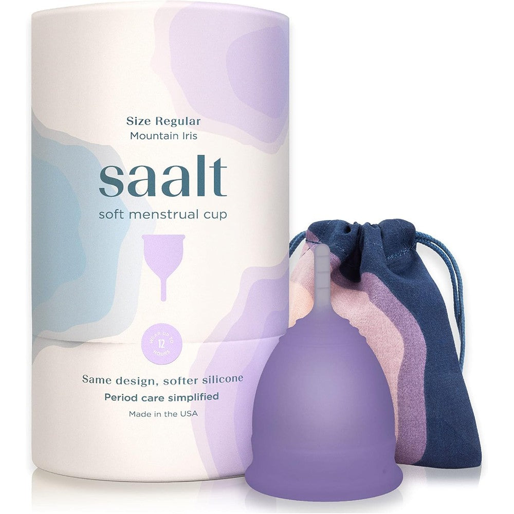 Saalt Soft Menstrual Cup Mountain Iris regular size front view for sensitive periods