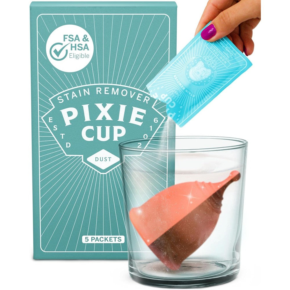 Pixie Cup Stain Remover 5 packet box front view for menstrual cup maintenance.