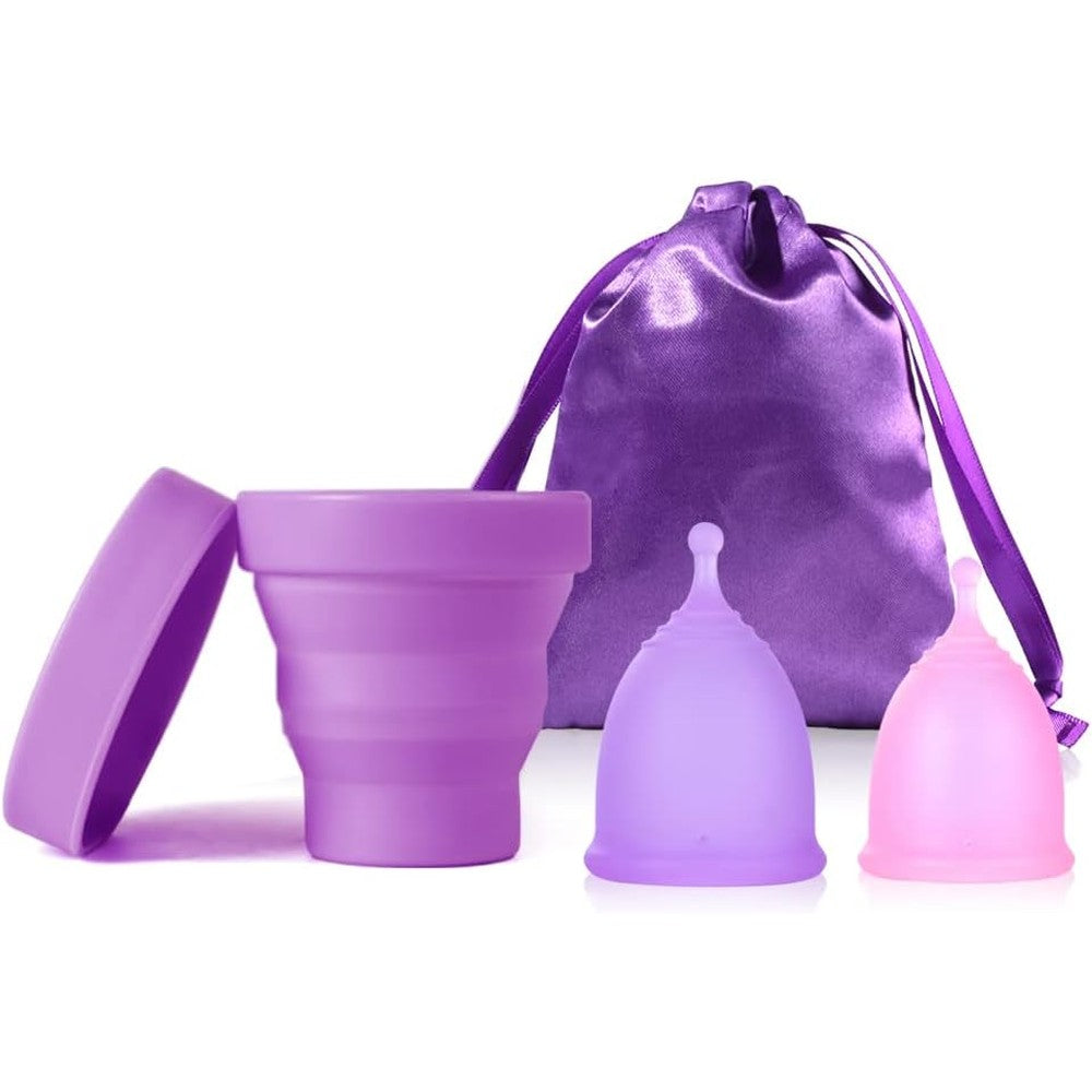 Ginalaia Menstrual Cup Set front view showing purple and pink medical grade silicone cups.