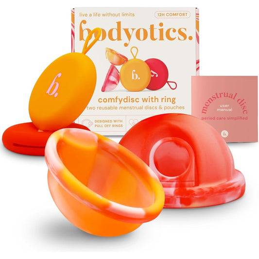 Bodyotics Menstrual Disc 2-Pack front view of orange and pink medical grade silicone discs.