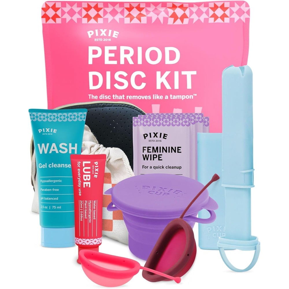 Pixie Cup Menstrual Disc Starter Kit front view featuring two silicone discs and applicator.