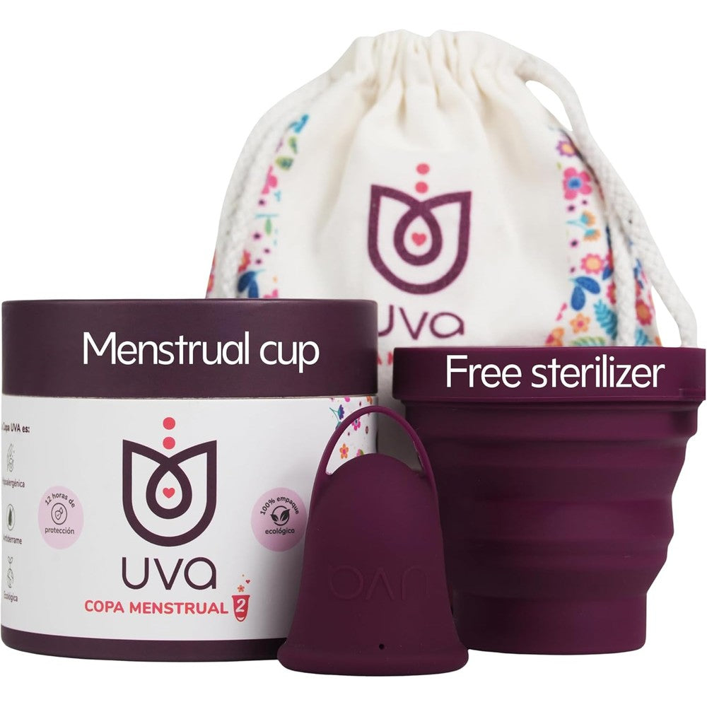 Uva Reusable Menstrual Cup Heavy Flow Kit front view with sterilizer.
