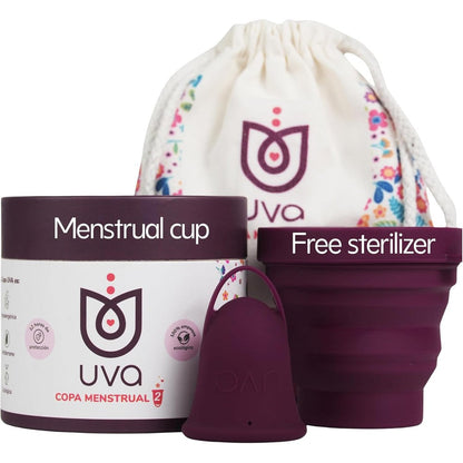 Uva Reusable Menstrual Cup Heavy Flow Kit front view with sterilizer.