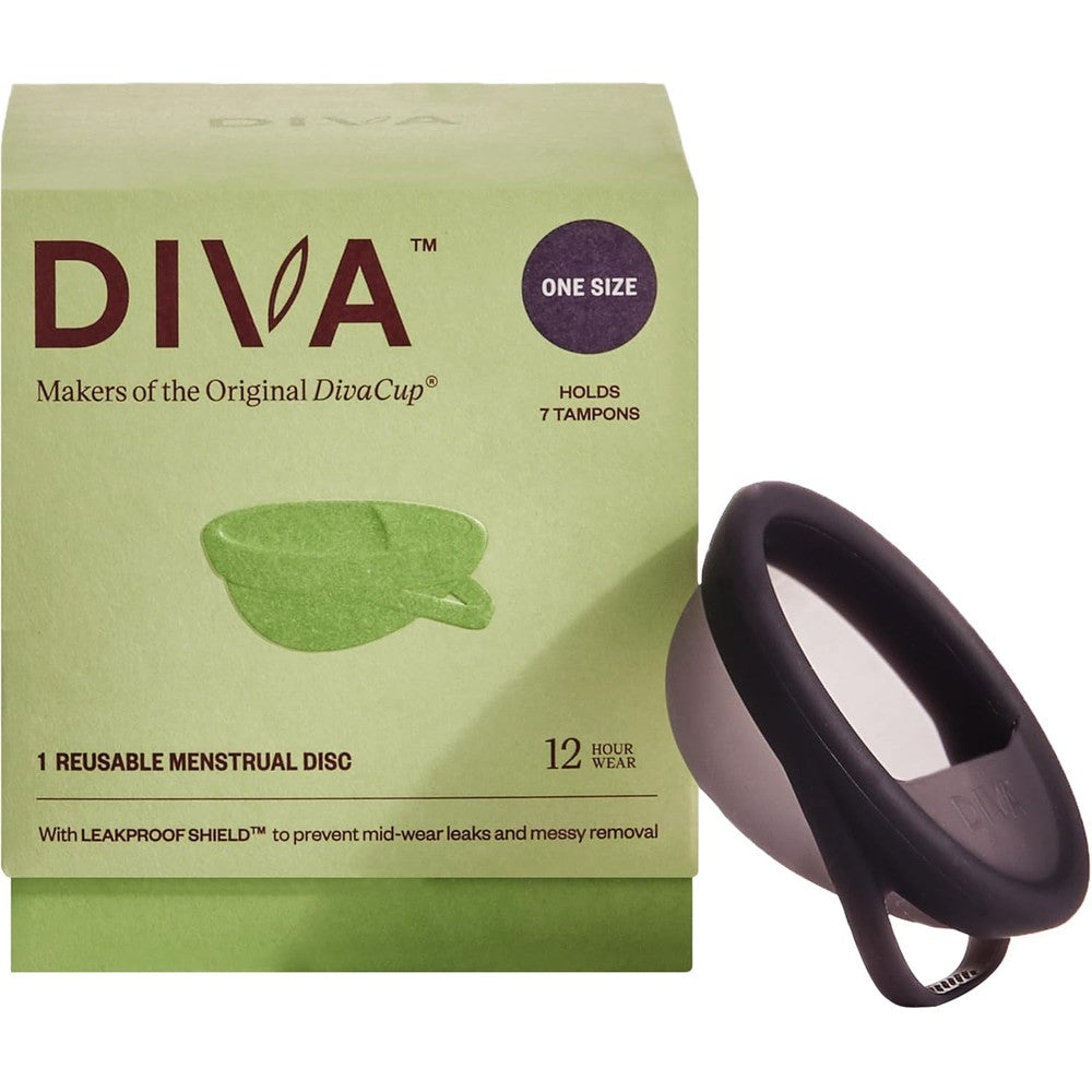 DivaCup Diva Disc front view of the purple silicone disc showing the pull tab.