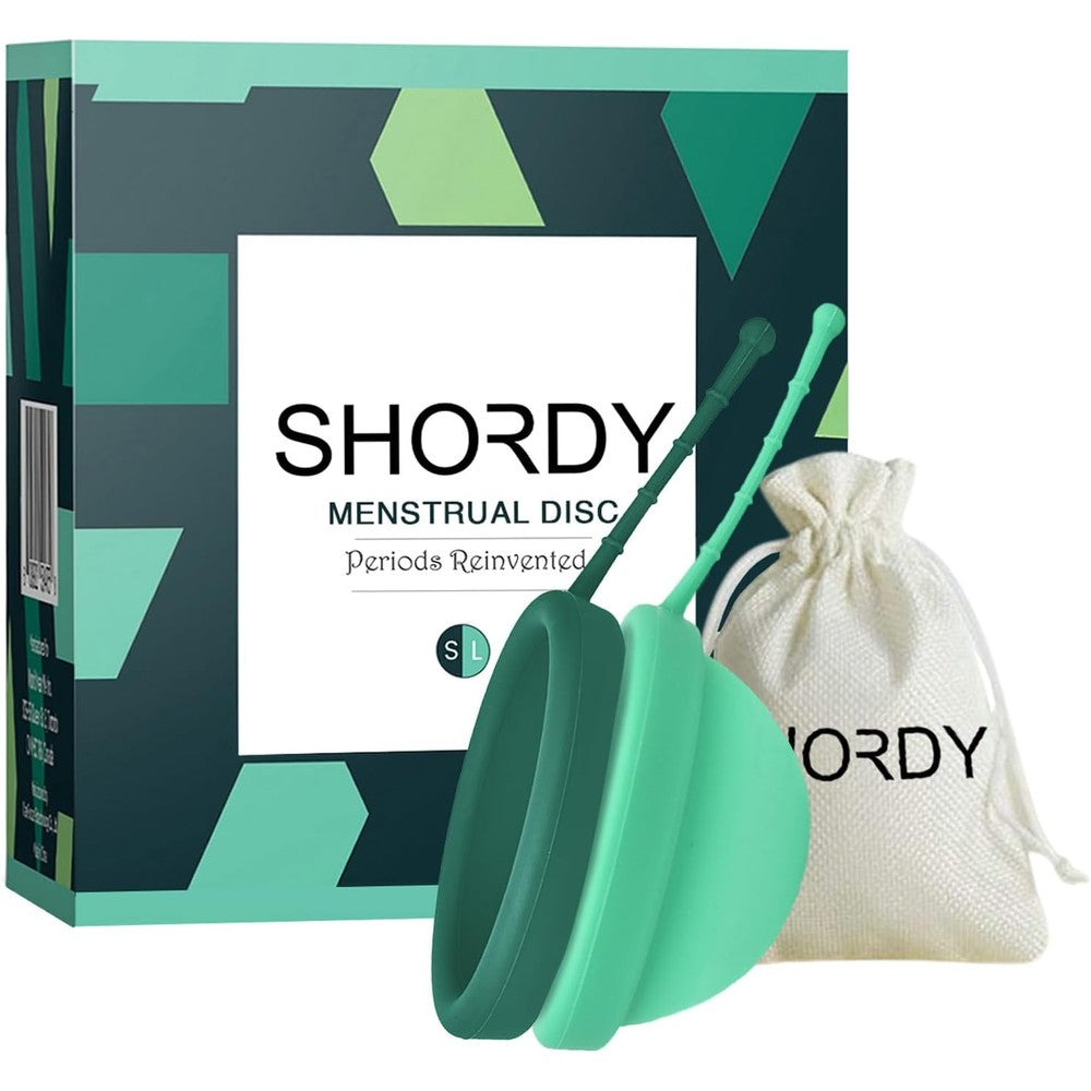 SHORDY Reusable Menstrual Disc Set front view showing green small and large sizes.