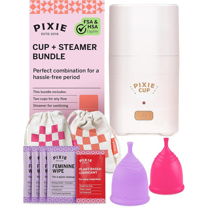 Pixie Cup Menstrual Cups and Sophie Steamer front view authentic period kit
