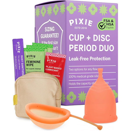 Pixie Cup Menstrual Cup and Disc Duo Kit front view premium period care