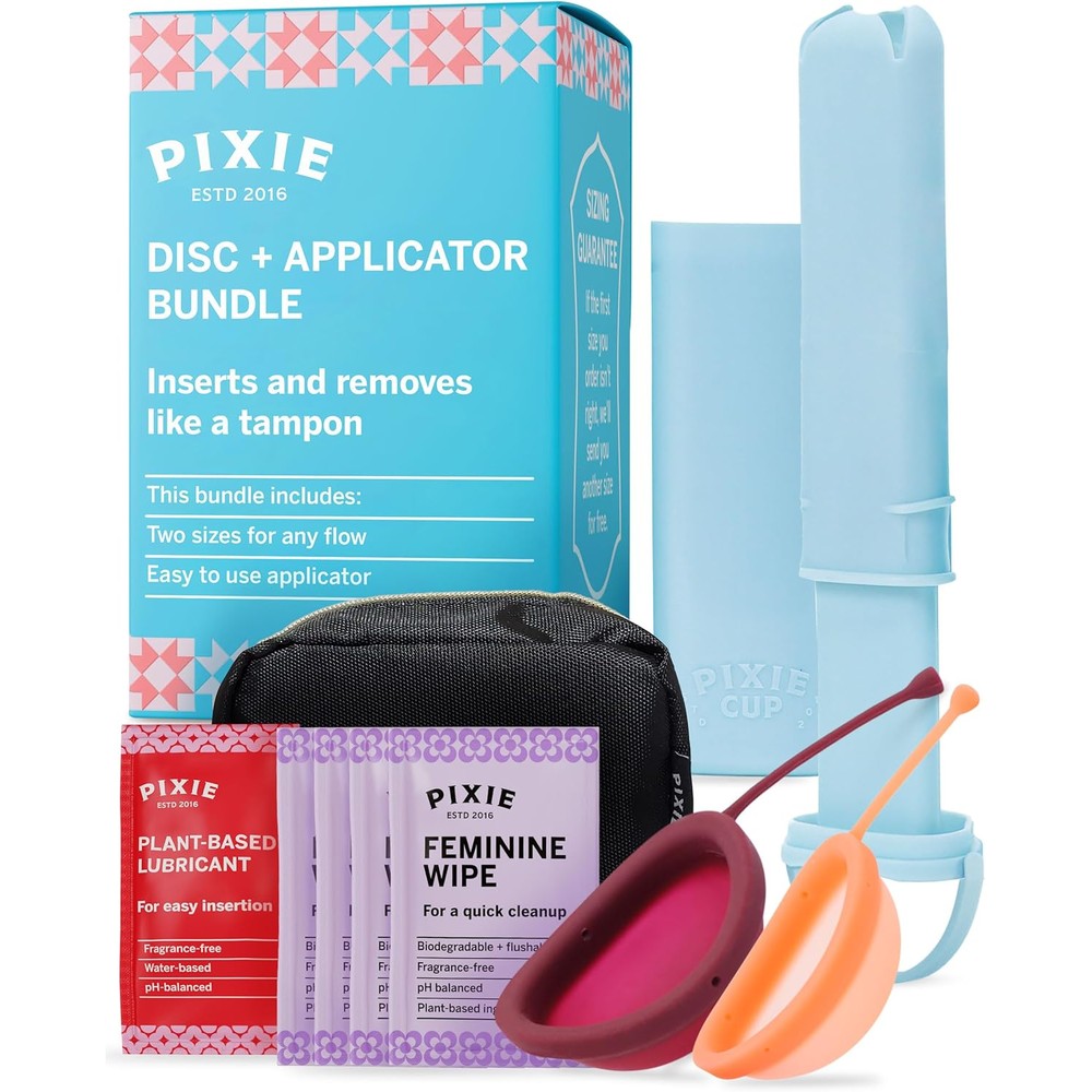 Pixie Cup Menstrual Disc and Applicator Bundle front view showing medical-grade silicone discs.