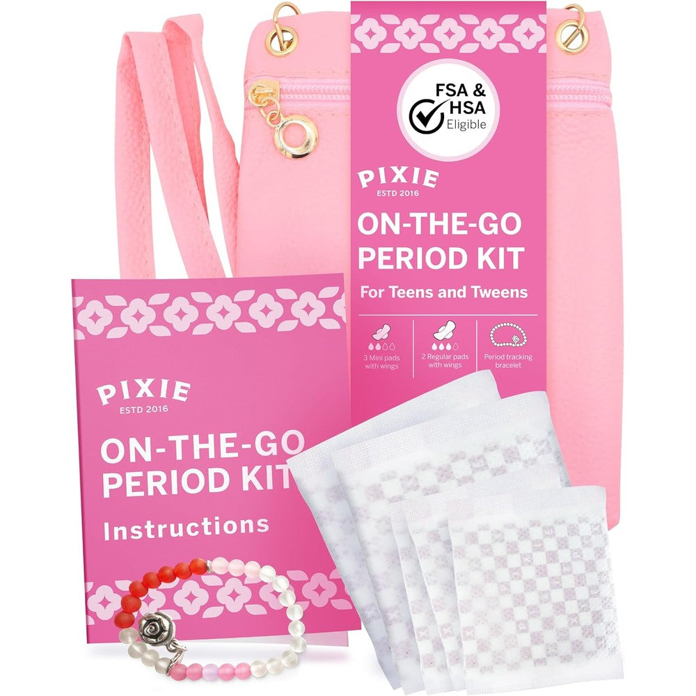Pixie Cup First Period Kit front view featuring pink crossbody bag and organic pads
