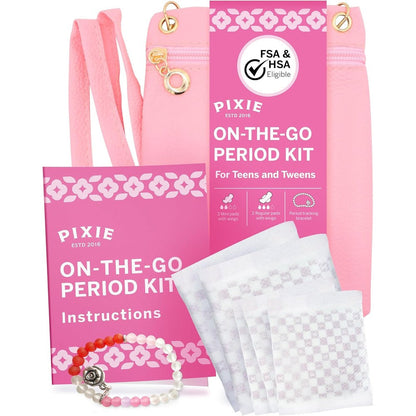 Pixie Cup First Period Kit front view featuring pink crossbody bag and organic pads