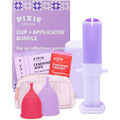 Pixie Cup Menstrual Cup and Applicator Bundle front view showing small and large cups.