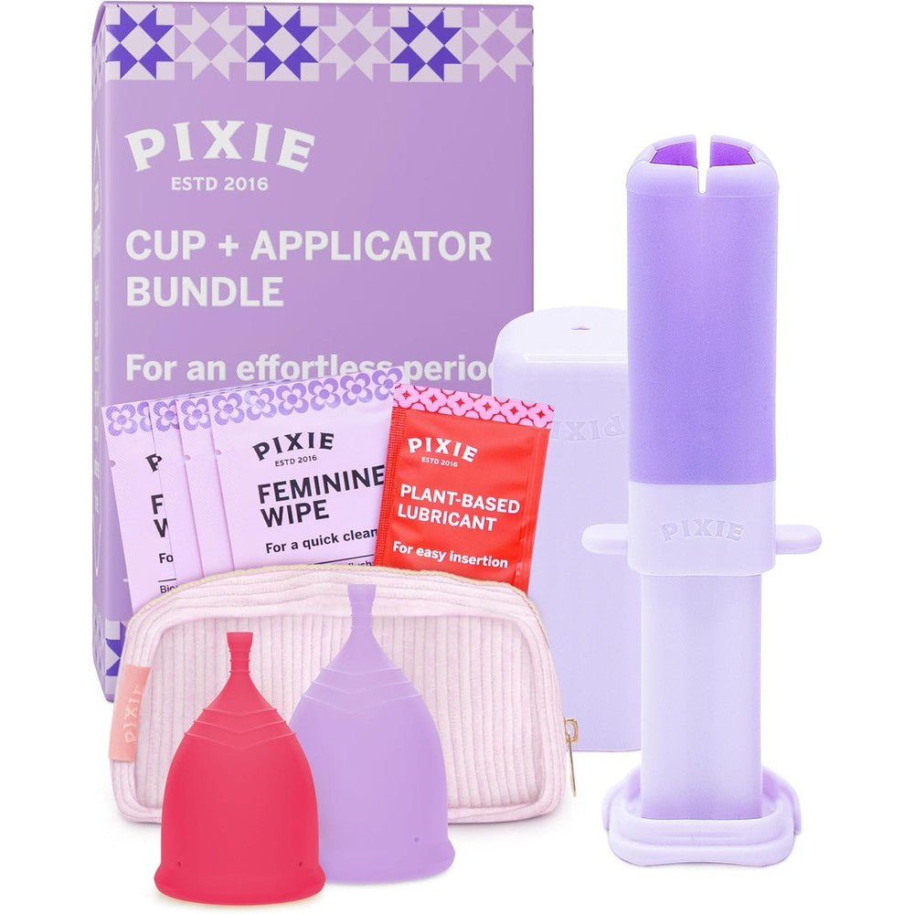 Pixie Cup Menstrual Cup and Applicator Bundle front view showing small and large cups.