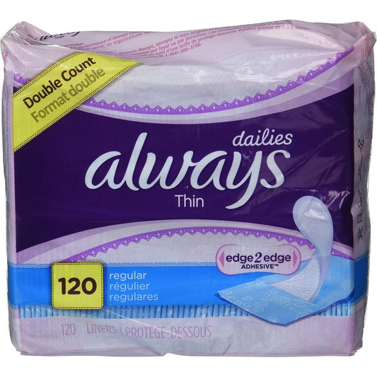 Always Dailies Regular Thin Unscented Pantiliners front view pack of two 120 count imported feminine care.