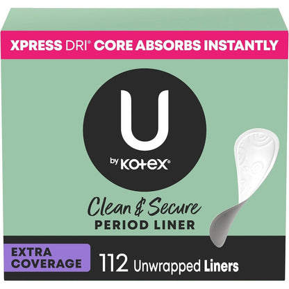 U by Kotex Clean & Secure Panty Liners 112 count front box view for daily hygiene.