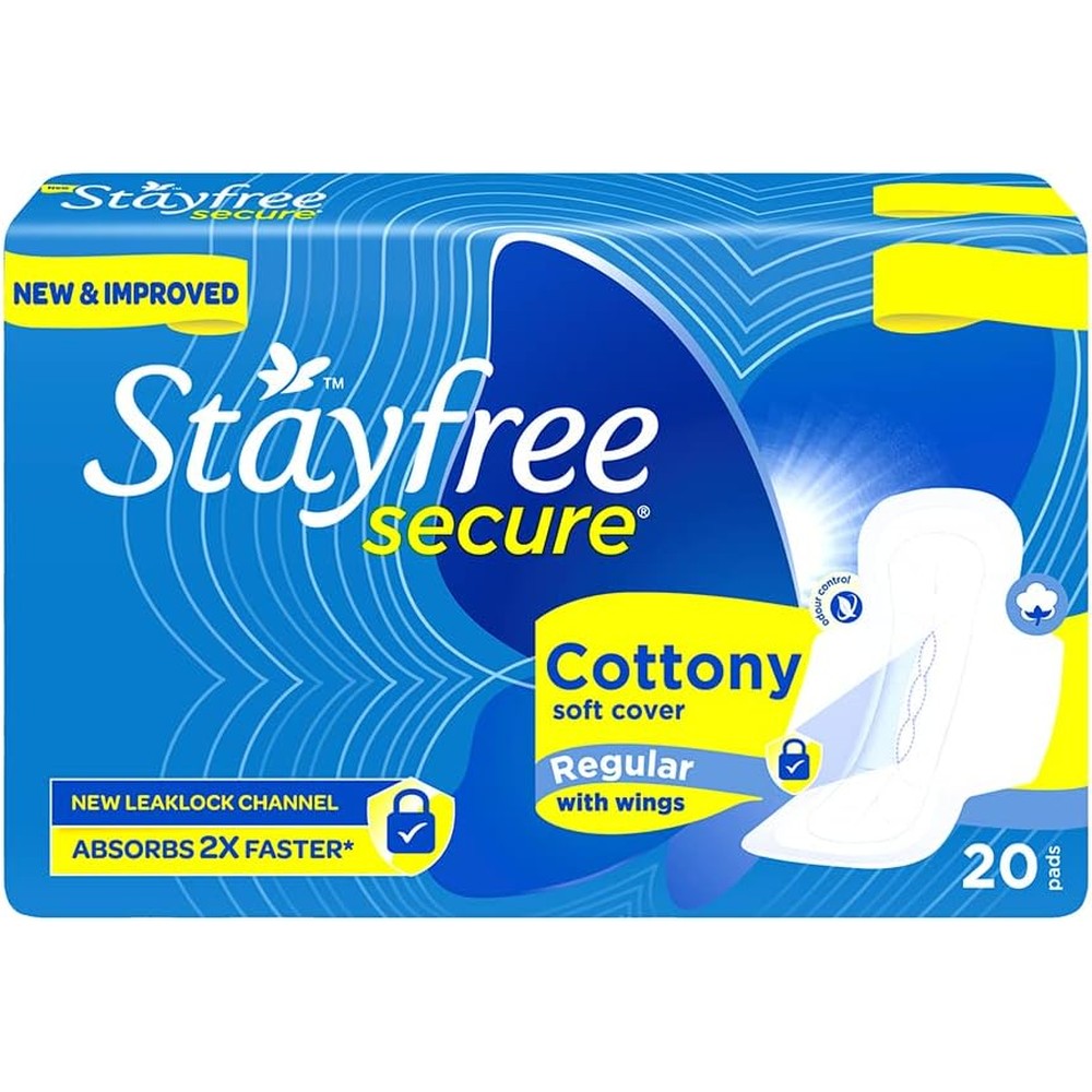 Stayfree Secure Cottony Soft 20 Count pack front view for menstrual protection.