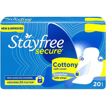 Stayfree Secure Cottony Soft 20 Count pack front view for menstrual protection.