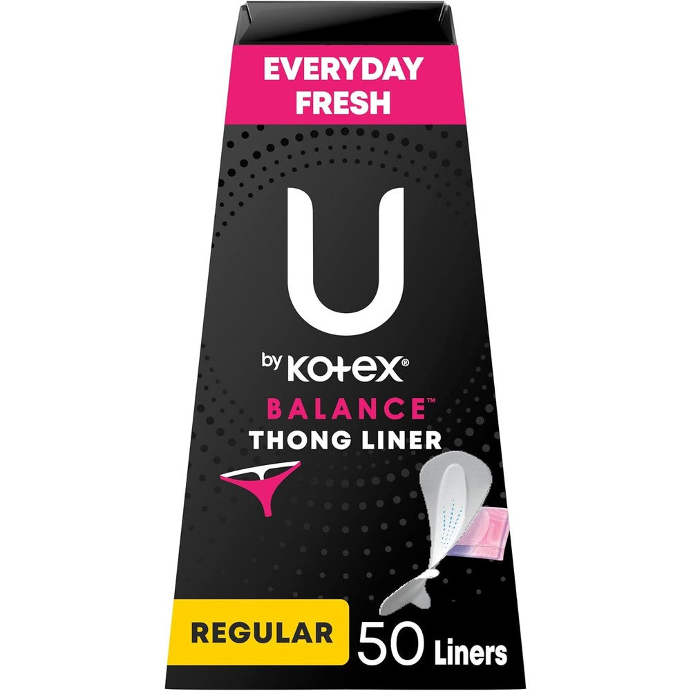 U by Kotex Balance Daily Thong Liners 50 count box front view for feminine hygiene.
