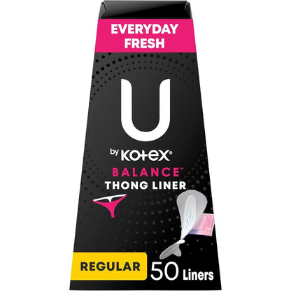 U by Kotex Balance Daily Thong Liners 50 count box front view for feminine hygiene.
