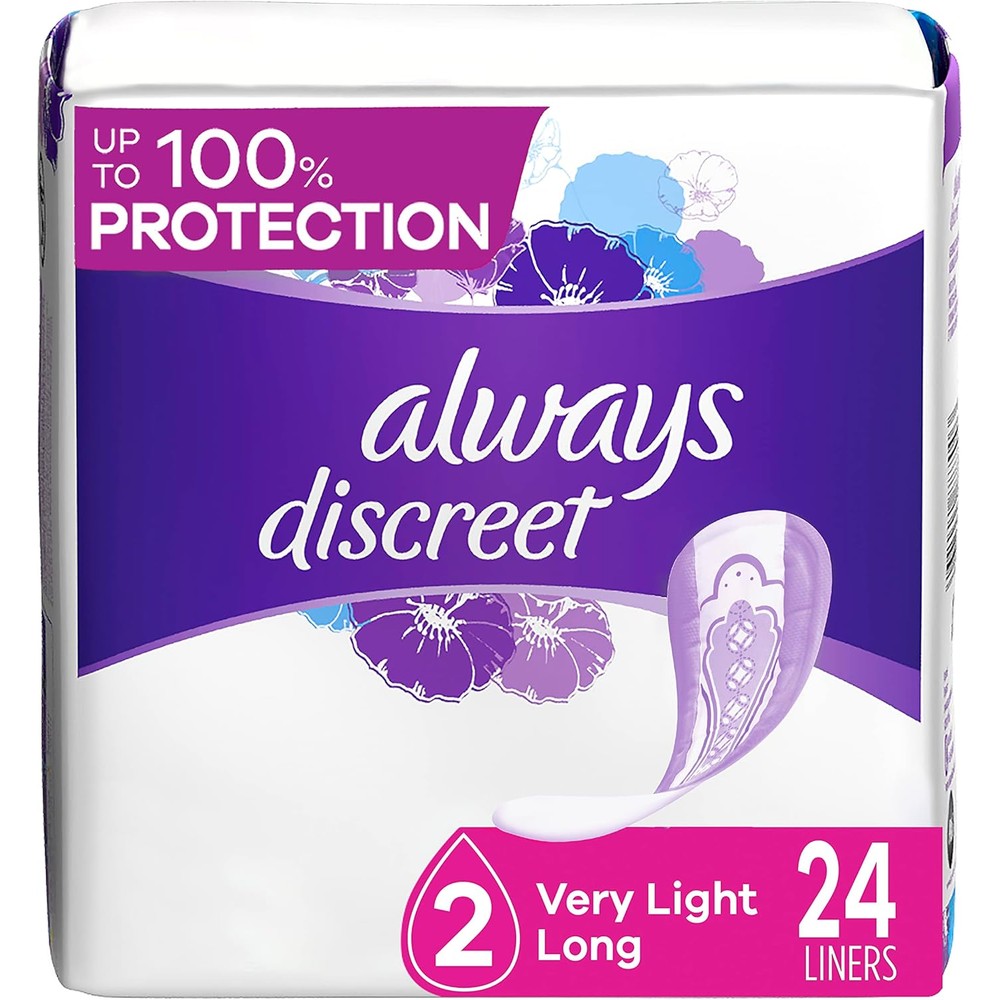 Always Discreet Incontinence Liners Very Light Long 24 Count front packaging view