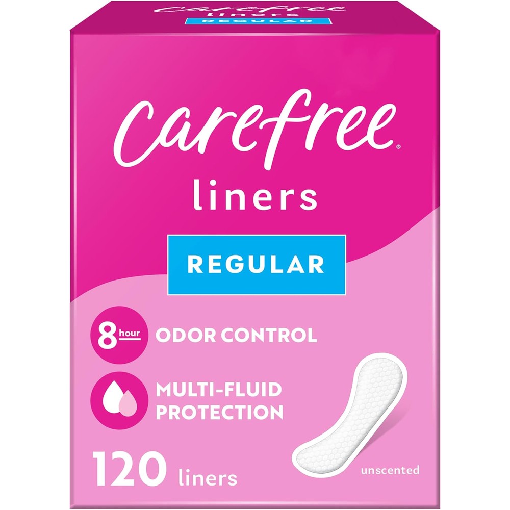 Carefree Acti-Fresh Regular Panty Liners 120 count pack front view daily feminine care.