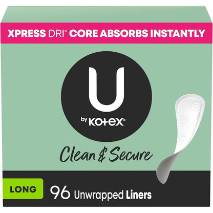 U by Kotex Clean and Secure Long Panty Liners 96 Count front packaging.