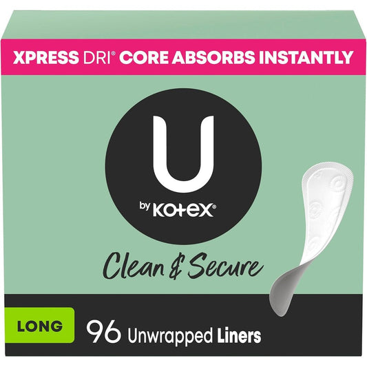 U by Kotex Clean and Secure Long Panty Liners 96 Count front packaging.