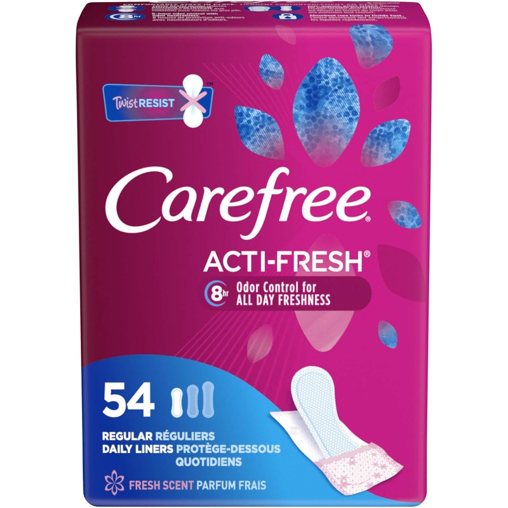 Carefree Acti-Fresh Body Shaped Regular Pantiliners front packaging for daily protection.