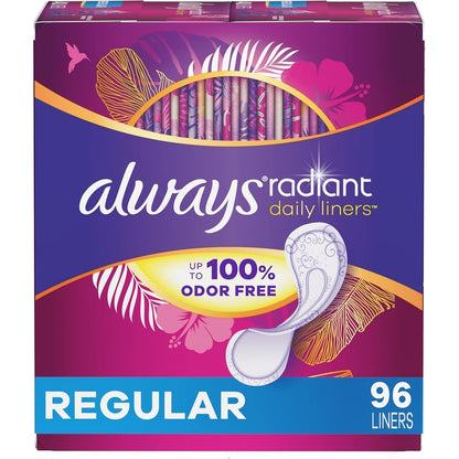 Always Radiant Daily Feminine Panty Liners 96 Count front packaging view