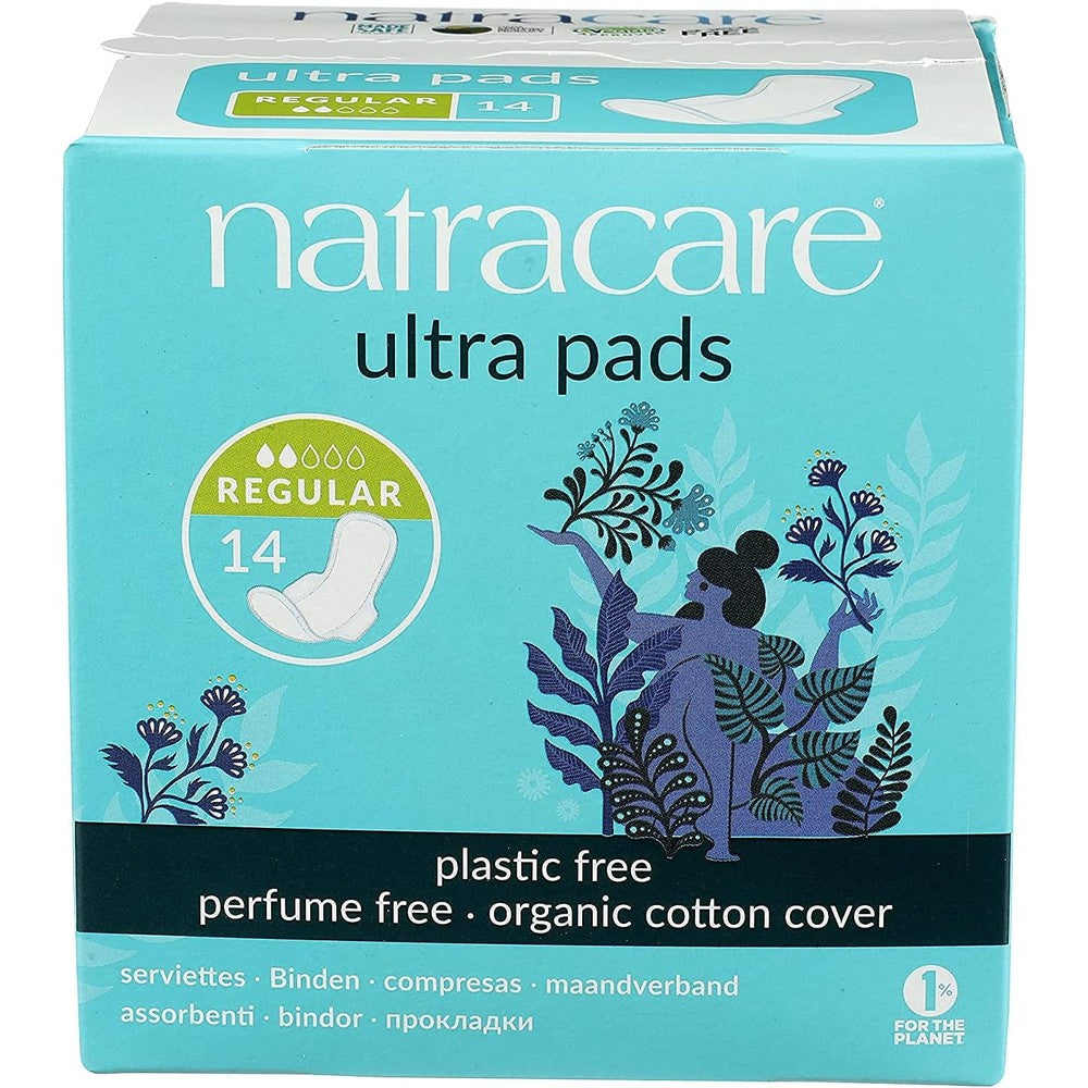 Natracare Slim Fitting Ultra Pads with Wings front view showing regular 14 count packaging.