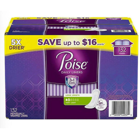 Poise Very Light Absorbency Long Incontinence Panty Liners 132 count front package view for bladder leak protection.