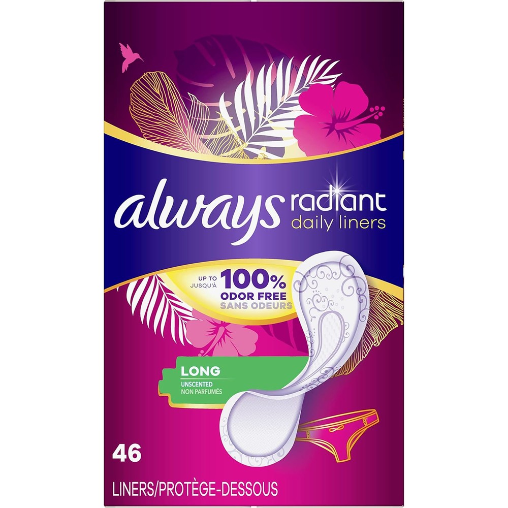 Always Radiant Daily Liners Long 46 count front pack view